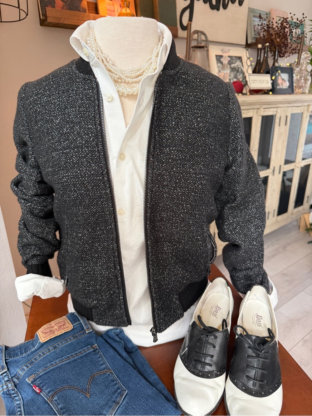 Ann Taylor LOFT XS Black White Tweed Zip Front Bomber Blazer Jacket Cotton